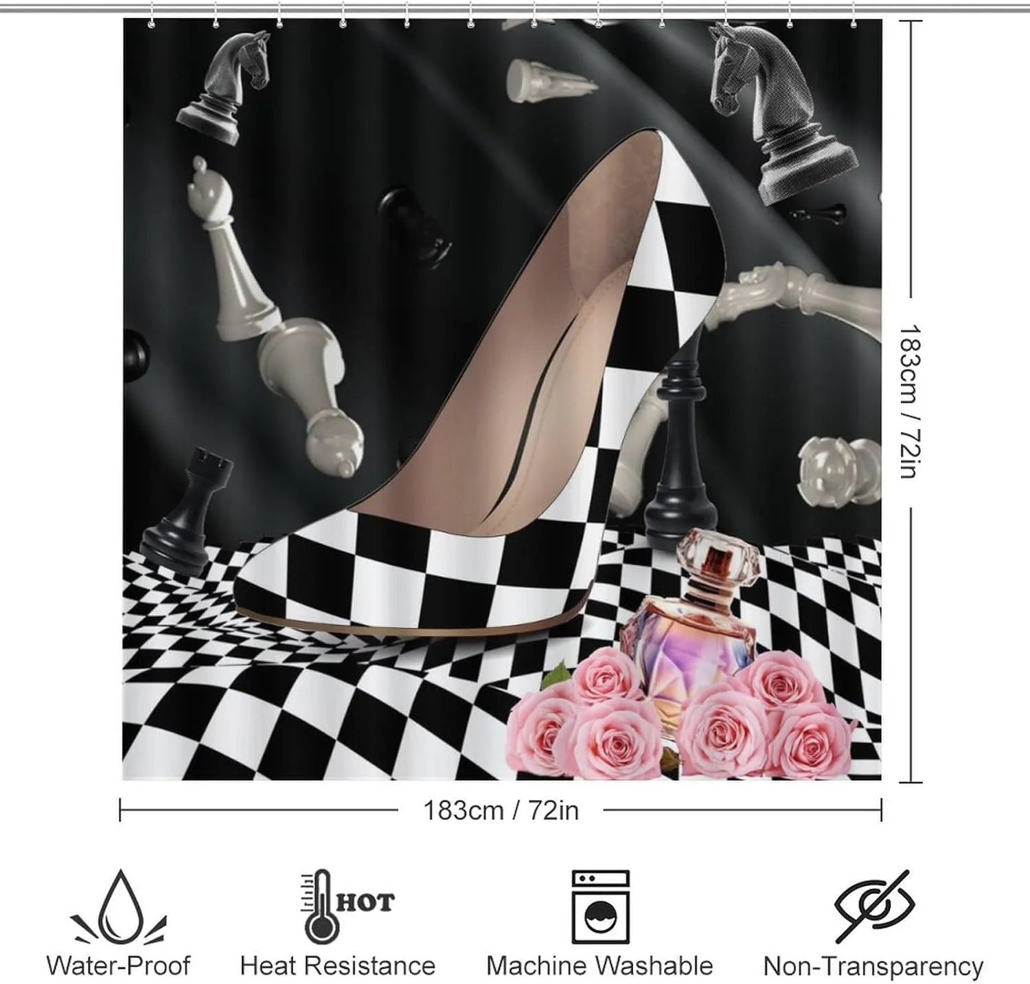 Abstract Modern Art High Heels 4 Pcs Waterproof Shower Curtain Set,Rustic Black White Plaid Makeup Theme High Heels with Waterproof Toilet Cover Shower Mat Rugs