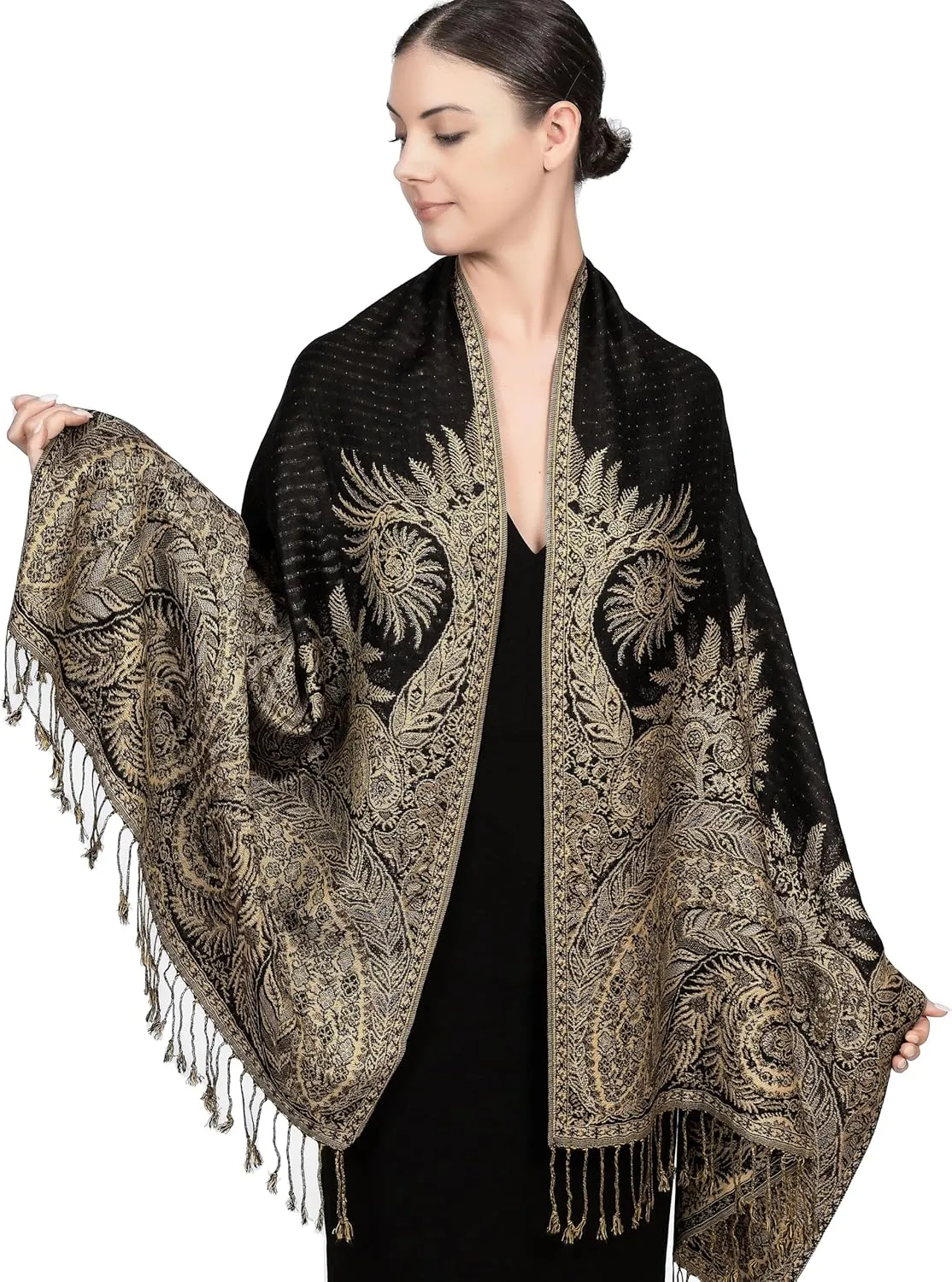 Achillea Reversible Paisley Pashmina Rave Scarf, Shawls and Wraps for Evening Dresses, Exotic Indian Scarves for All Season