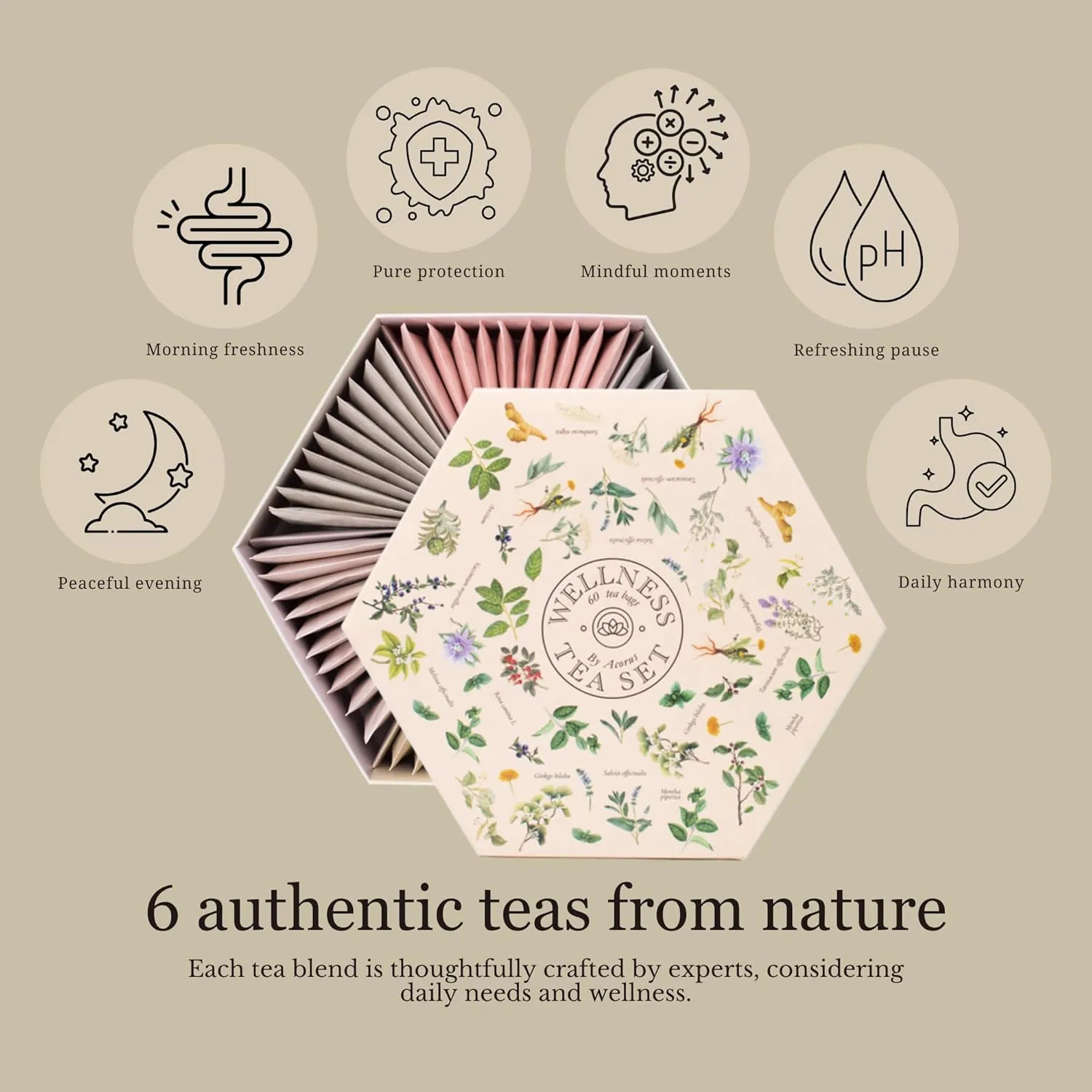 ACORUS Wellness Tea Set – Natural Herbal Tea Variety Pack, Gift Set of 6 Different Teas, 60 Bags Individually Wrapped, Herbal Sampler Box, Harmonious Balance of Taste & Aroma