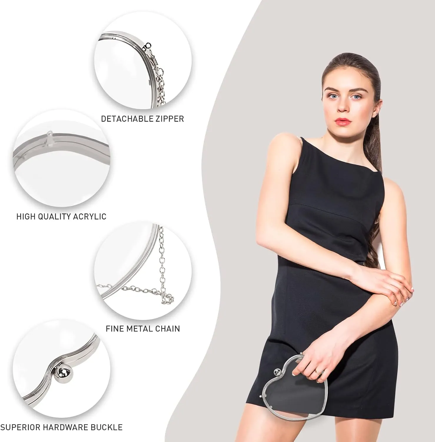 Acrylic Heart Clutch Bag Mini Clear Evening Handbag with Detechable Chain for Women