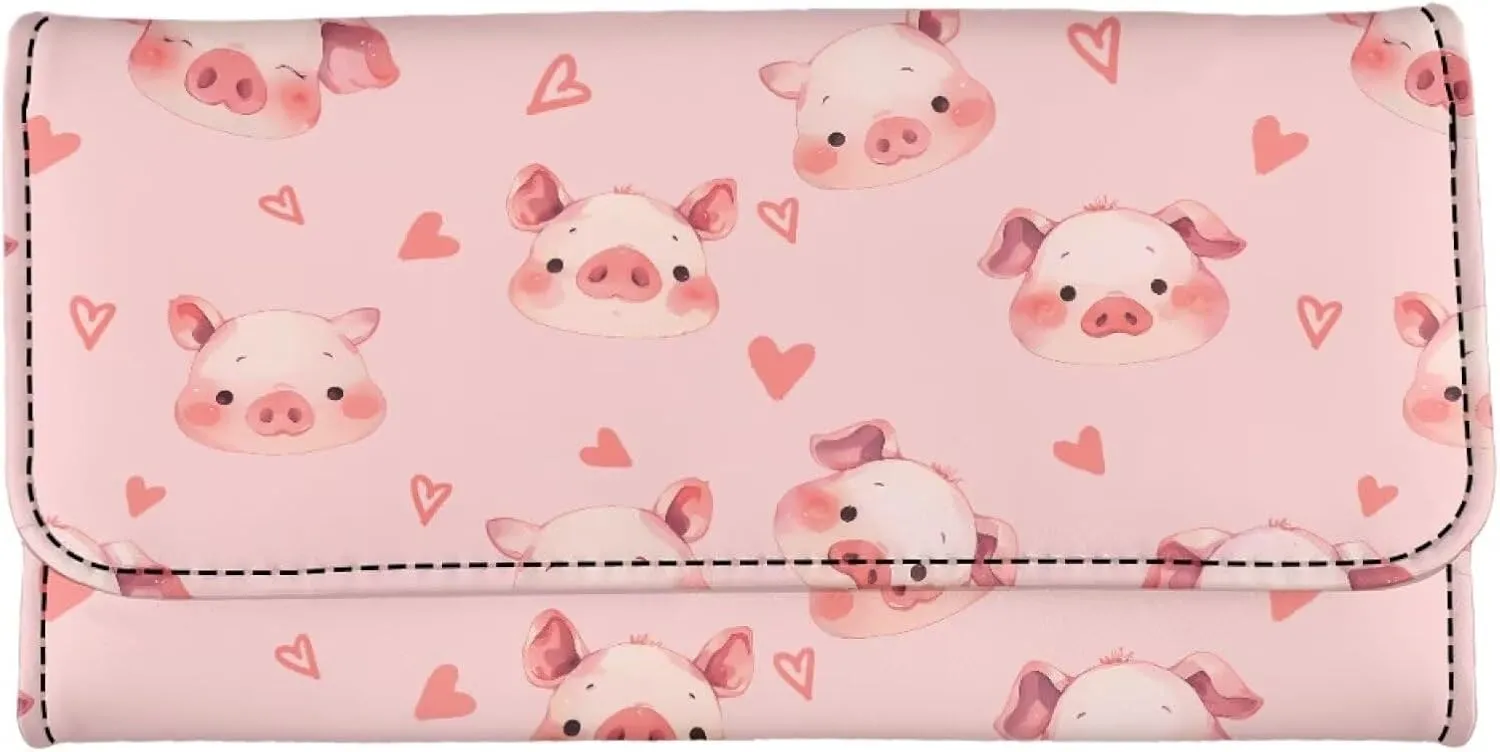 AFPANQZ Adorable Pigs Print Womens Wallets, Leather Trifold Multi Card Holder Slots Wallet, Elegant Clutch Long Purse for Women Ladies Travel Purses with Phone Holder Zip Coin Pocket, Pink