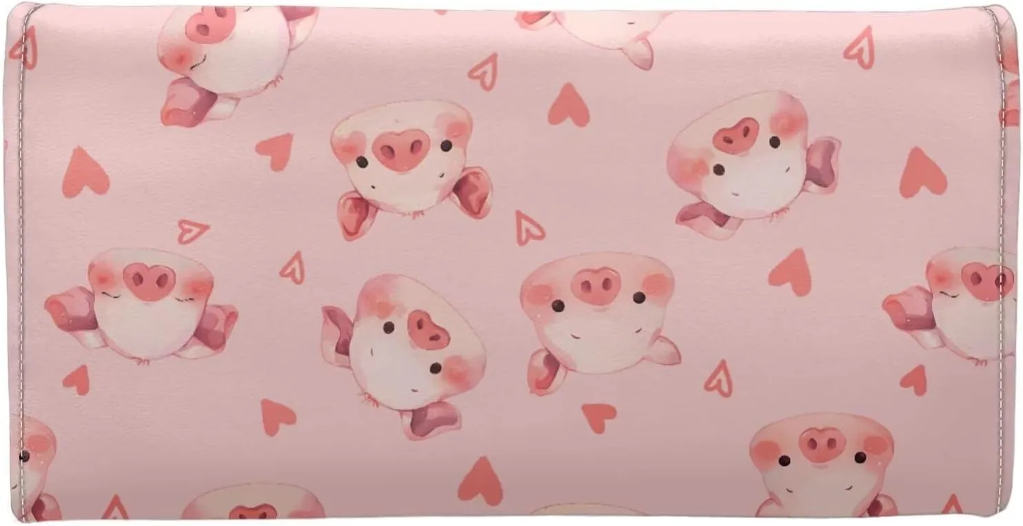 AFPANQZ Adorable Pigs Print Womens Wallets, Leather Trifold Multi Card Holder Slots Wallet, Elegant Clutch Long Purse for Women Ladies Travel Purses with Phone Holder Zip Coin Pocket, Pink
