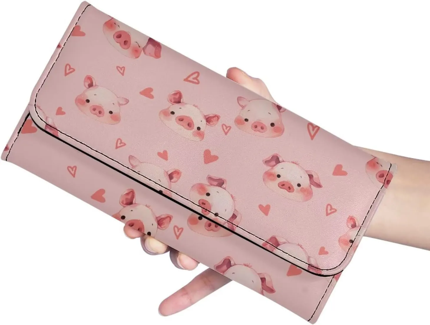 AFPANQZ Adorable Pigs Print Womens Wallets, Leather Trifold Multi Card Holder Slots Wallet, Elegant Clutch Long Purse for Women Ladies Travel Purses with Phone Holder Zip Coin Pocket, Pink