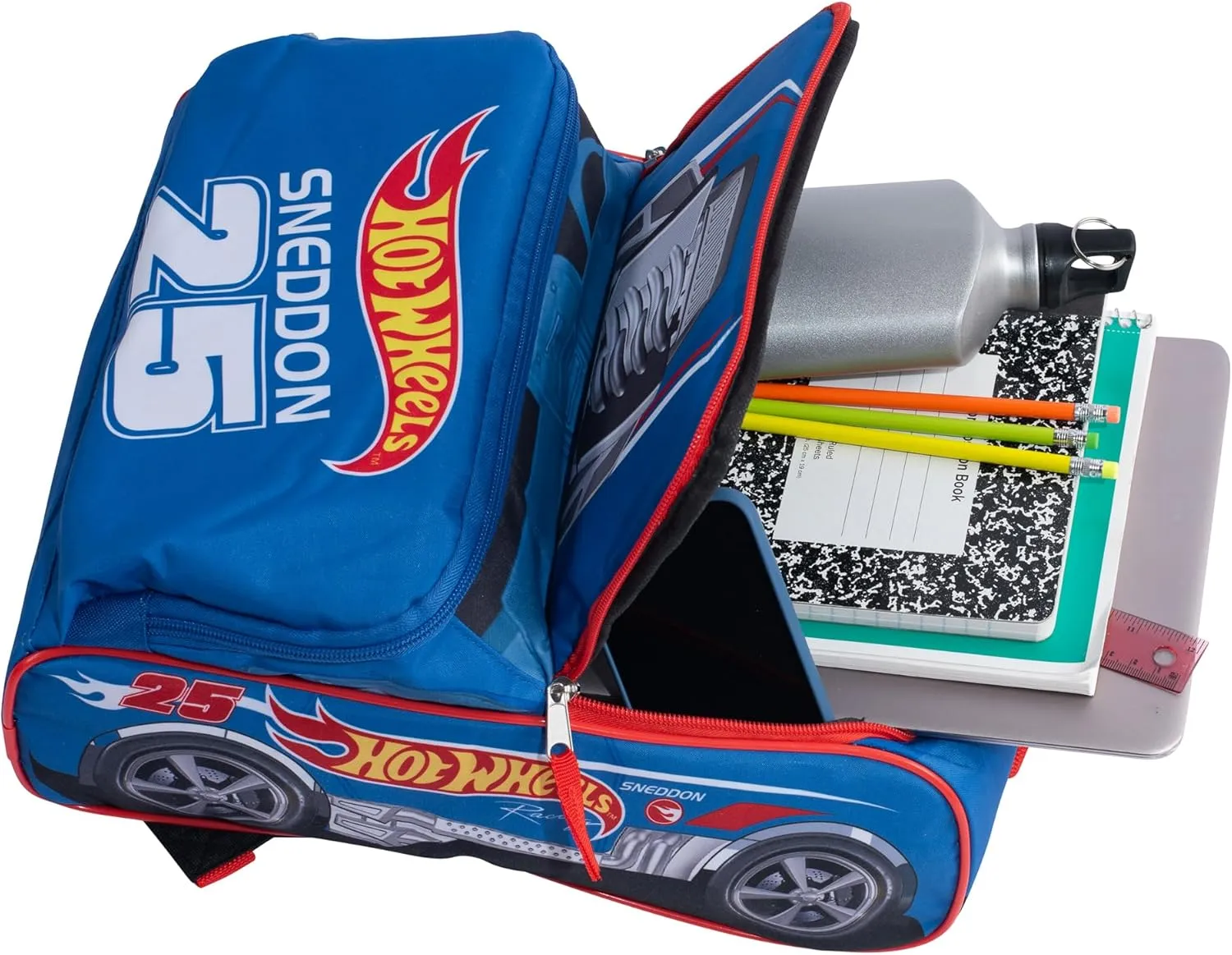AI ACCESSORY INNOVATIONS Hot Wheels Blue Sneddon #25 Twinduction Race Car Shaped 14” Mini Backpack, Kids School Bag, Blue