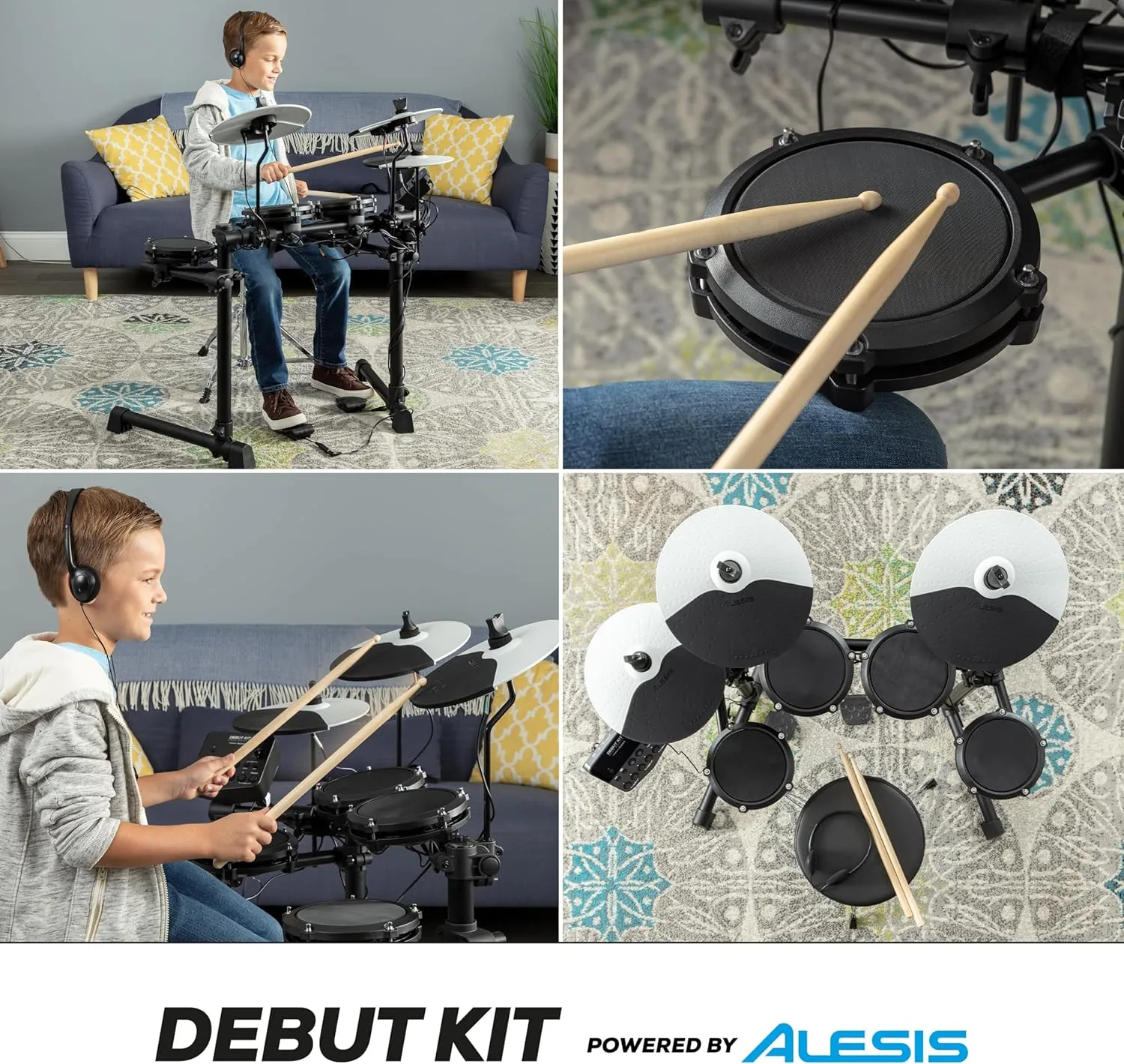 Alesis Drums Debut Kit – Electric Drum Kit with 4 Quiet Mesh Electronic Pads, 120 Sounds, Drum Sticks, Stool, Headphones, and Lessons