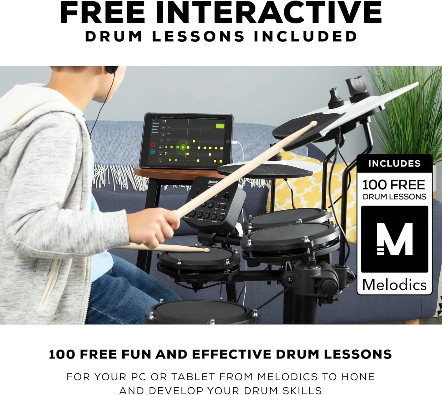 Alesis Drums Debut Kit – Electric Drum Kit with 4 Quiet Mesh Electronic Pads, 120 Sounds, Drum Sticks, Stool, Headphones, and Lessons