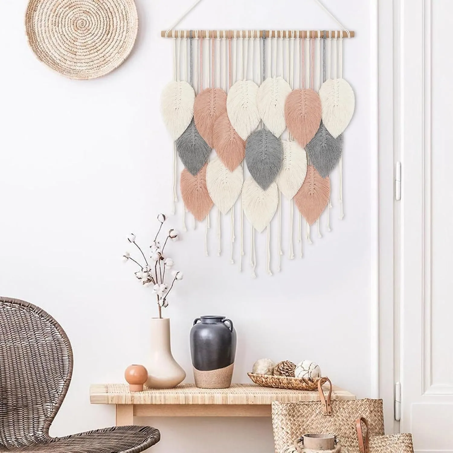 Alynsehom Macrame Wall Hanging, Boho Woven Tapestry, Chic Modern Bohemian Handmade Leaf Feather Wall Art Home Decor for Apartment Dorm Living Room Bedroom Nursery Backdrop(23.6" W X 29.5" L)