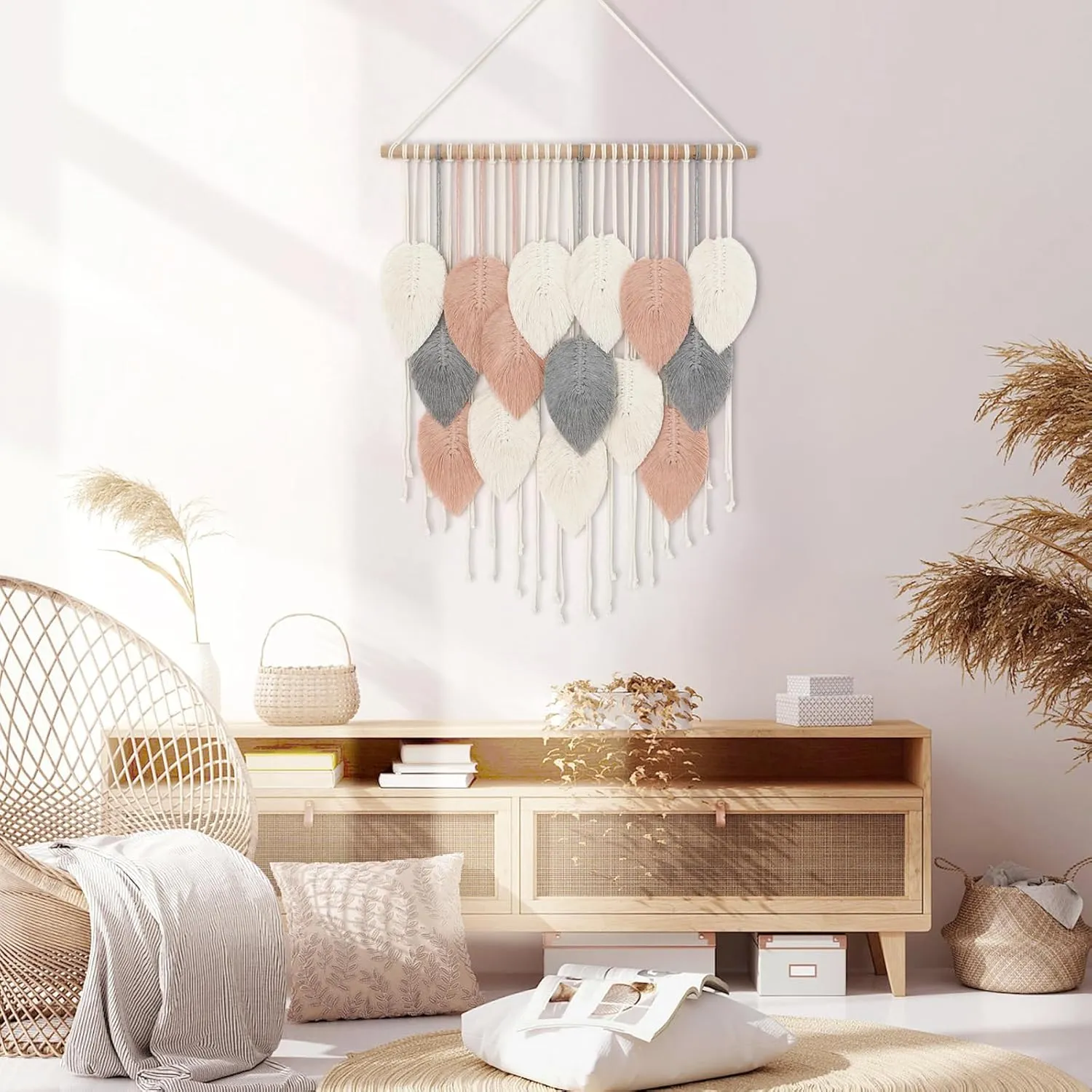 Alynsehom Macrame Wall Hanging, Boho Woven Tapestry, Chic Modern Bohemian Handmade Leaf Feather Wall Art Home Decor for Apartment Dorm Living Room Bedroom Nursery Backdrop(23.6" W X 29.5" L)