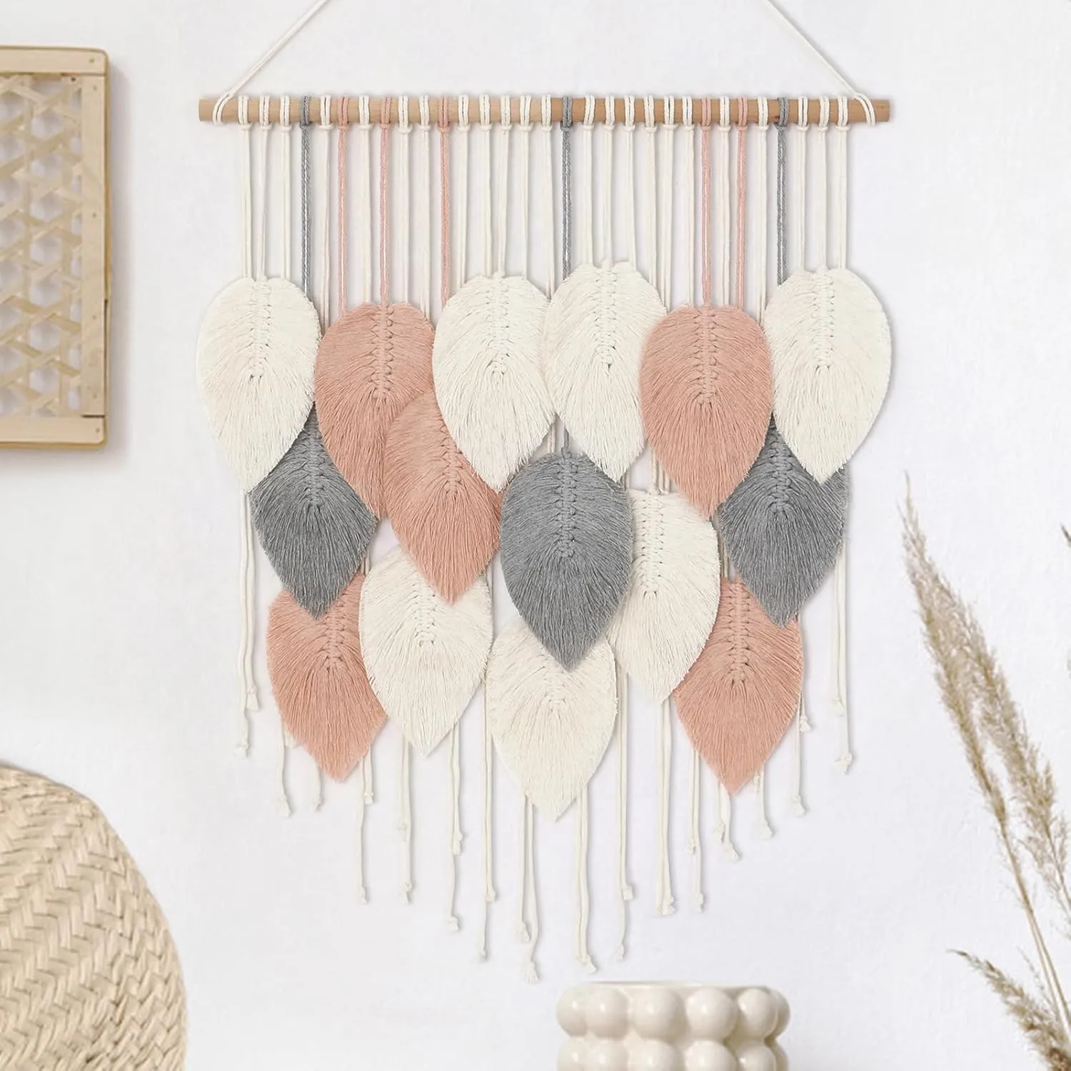 Alynsehom Macrame Wall Hanging, Boho Woven Tapestry, Chic Modern Bohemian Handmade Leaf Feather Wall Art Home Decor for Apartment Dorm Living Room Bedroom Nursery Backdrop(23.6" W X 29.5" L)
