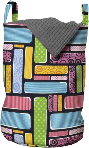 Ambesonne Abstract Laundry Bag, Ornamental Squared Design Colorful Retro Pattern Stars Swirls Lines Dots, Hamper Basket with Handles Drawstring Closure for Laundromats, 13" x 19", Multicolor