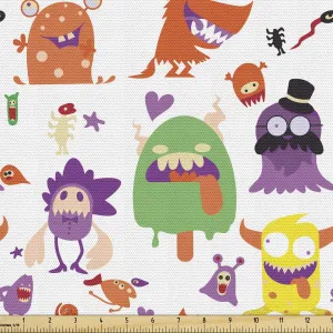 Ambesonne Alien Fabric by The Yard, Monsters Humorous Creatures Beings Colorful Cartoon Repetitive Pattern, Decorative Fabric for Upholstery and Home Accents, 1 Yard, Orange Purple