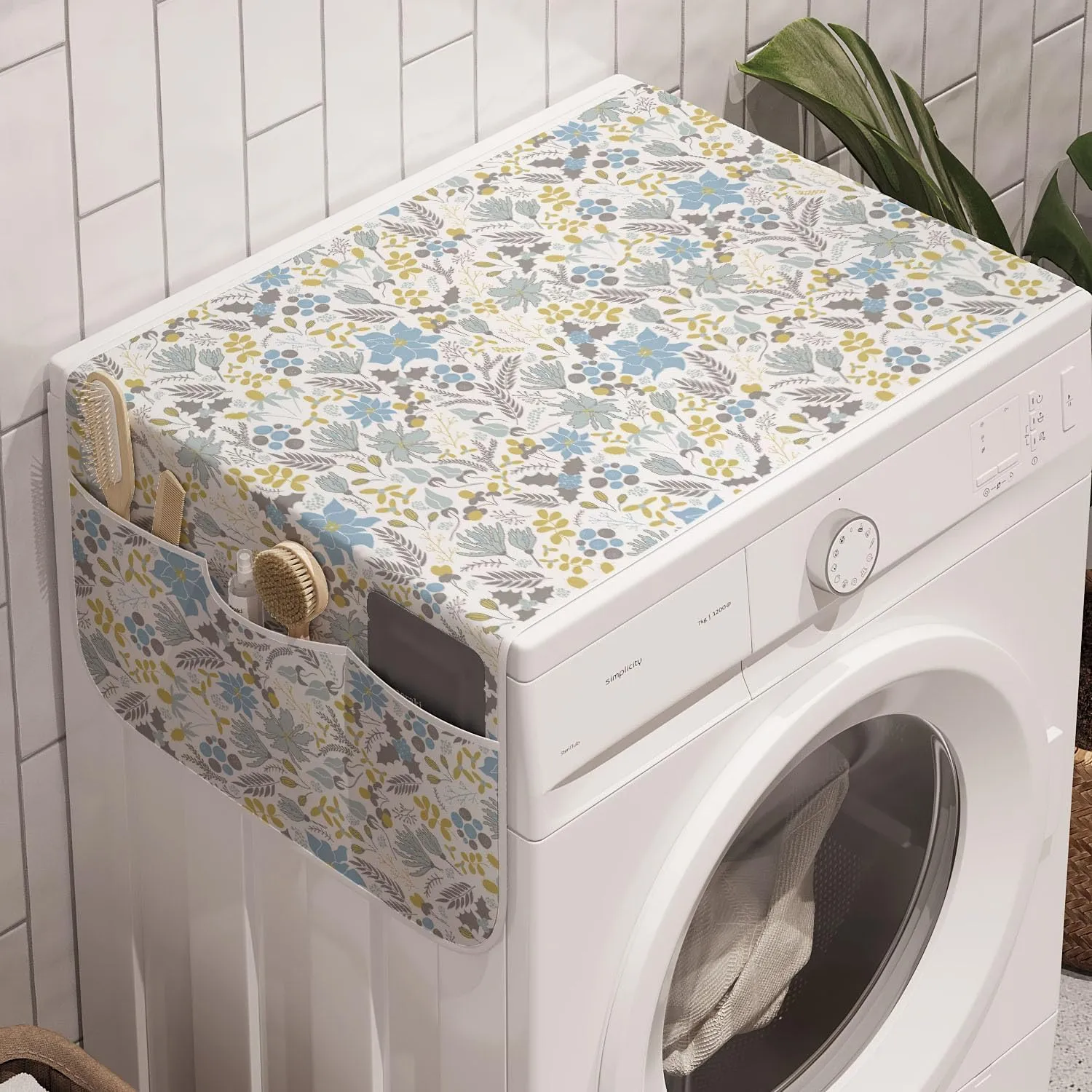 Ambesonne Botanical Washing Machine Organizer Pack of 2, Wildflowers and Berries Scattered, Anti-Slip Cover for Washers Dryers, 47" x 18.5", Blue Grey
