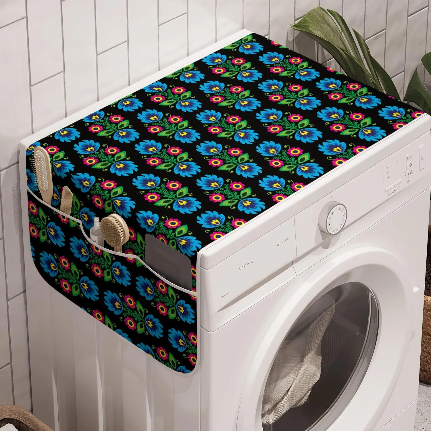 Ambesonne Folk Art Washing Machine Organizer Pack of 2, Culture Themed Traditional Polish Flower Ornamental Motif on Dark Background, Anti-Slip Cover for Washers Dryers, 47" x 18.5", Black Blue