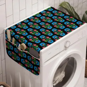 Ambesonne Folk Art Washing Machine Organizer Pack of 2, Culture Themed Traditional Polish Flower Ornamental Motif on Dark Background, Anti-Slip Cover for Washers Dryers, 47" x 18.5", Black Blue
