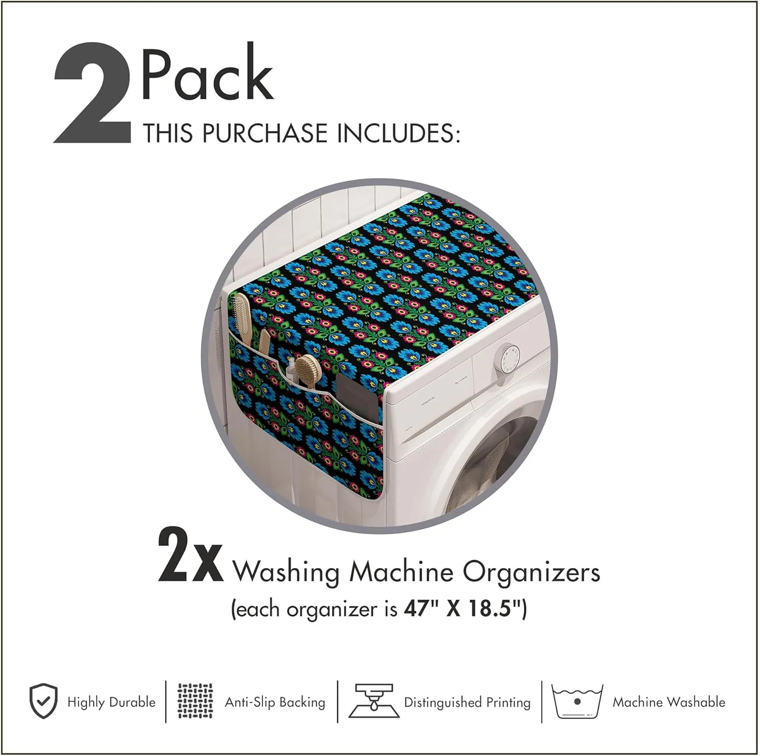 Ambesonne Folk Art Washing Machine Organizer Pack of 2, Culture Themed Traditional Polish Flower Ornamental Motif on Dark Background, Anti-Slip Cover for Washers Dryers, 47" x 18.5", Black Blue