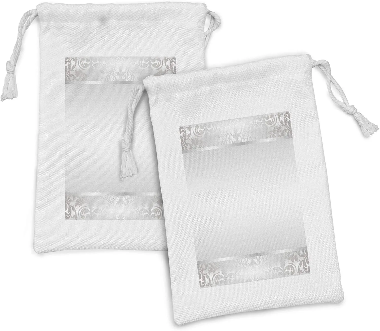 Ambesonne Grey Fabric Pouch Set of 2, Rococo Style Framework Ornaments Old Fashioned Antique Design Retro Borders, Small Drawstring Bag for Toiletries Masks and Favors, 9" x 6", Pale Grey and Grey