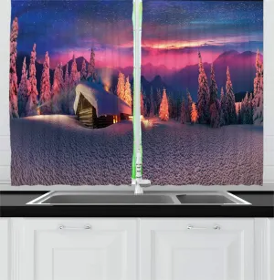 Ambesonne Milky Way Kitchen Curtains, Wild Alpine Scene with Cabin in The Woods Winter with Starry Skyline Illustration, Window Drapes 2 Panel Set for Kitchen Cafe Decor, 55" x 39", Multicolor