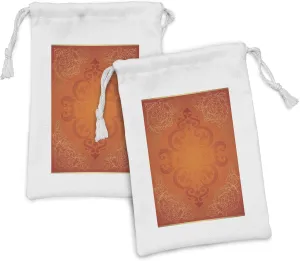 Ambesonne Orange Fabric Pouch Set of 2, Royal Antique Motifs with Victorian Swirls Vintage Traditional Revival Framework, Small Drawstring Bag for Toiletries Masks and Favors, 9" x 6", Orange Yellow