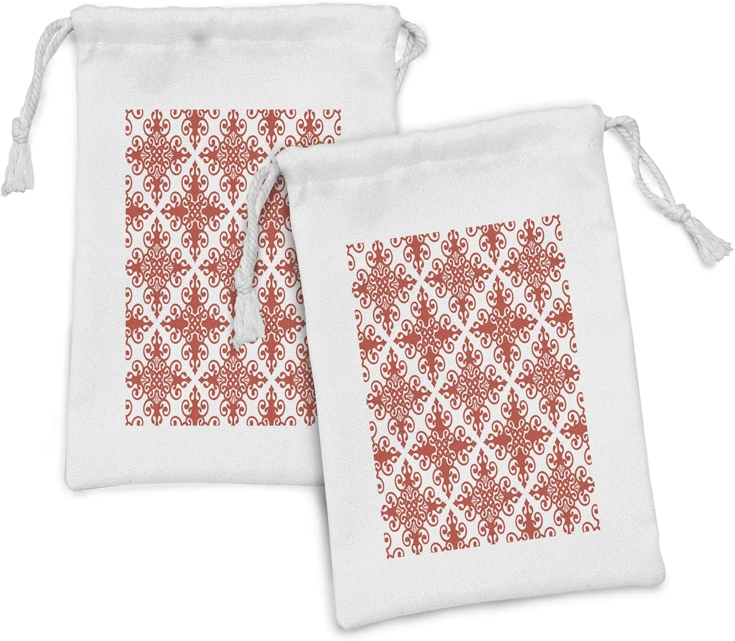 Ambesonne Red Fabric Pouch Set of 2, Western Style Floral Scroll Motif Swirled Lines Antique Royal Ornament with Framework, Small Drawstring Bag for Toiletries Masks and Favors, 9" x 6", Red White