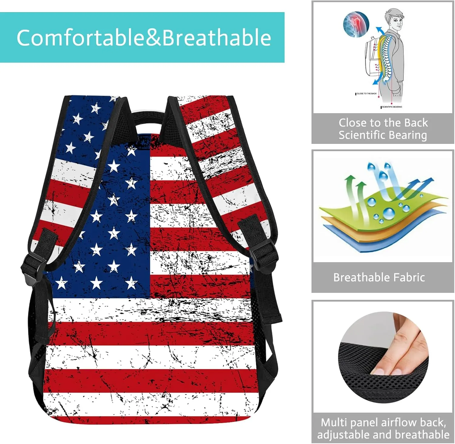 American Flag Backpack Distressed Blue White Red Flag Backpack for Kids, Patriotic USA School Bag for Boys Girls, Elementary Middle High School Bags Travel Backpack,16.5 Inch