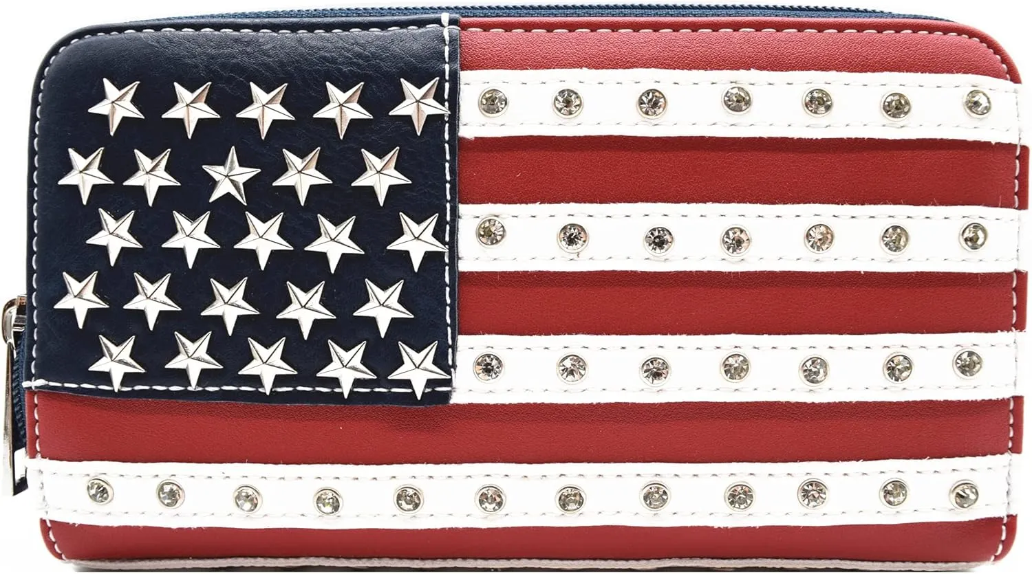American Flag USA Stars and Stripes Patriotic Leather Purse Women Rhinestone Country Handbag Wallet Set Red White and Blue