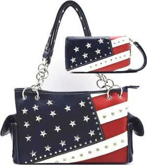 American Flag USA Stars and Stripes Patriotic Leather Purse Women Rhinestone Country Handbag Wallet Set Red White and Blue