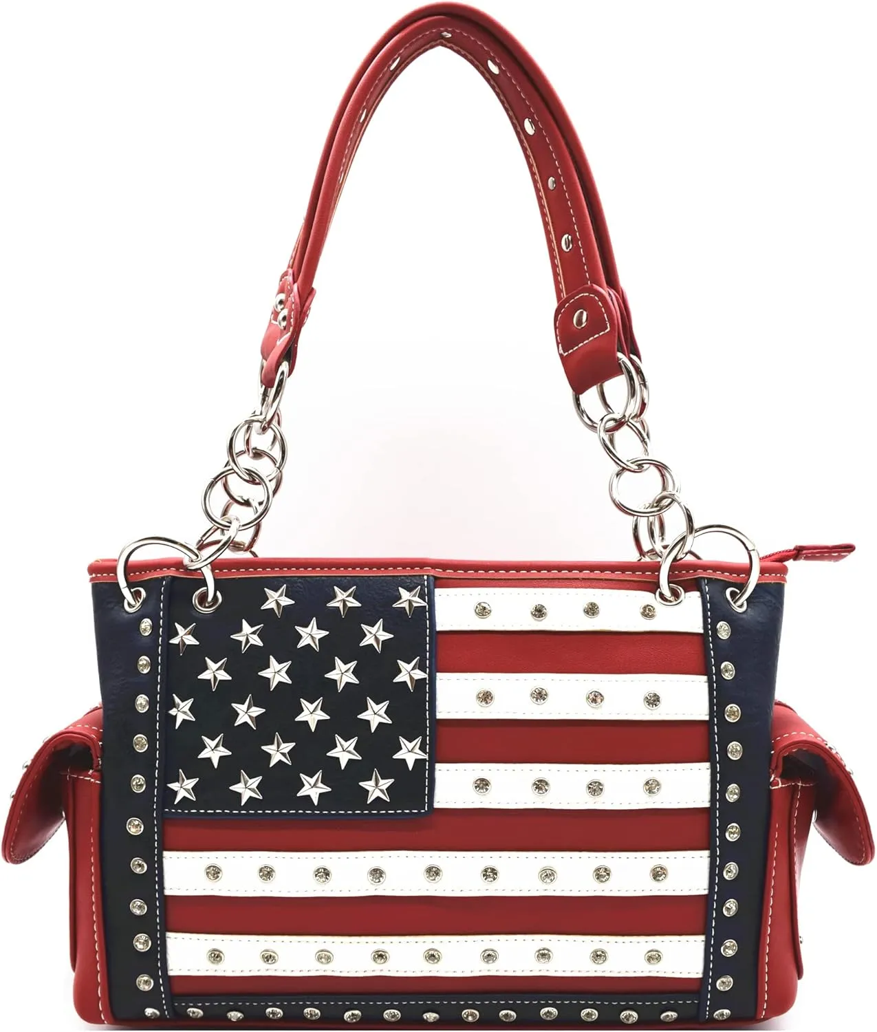 American Flag USA Stars and Stripes Patriotic Leather Purse Women Rhinestone Country Handbag Wallet Set Red White and Blue