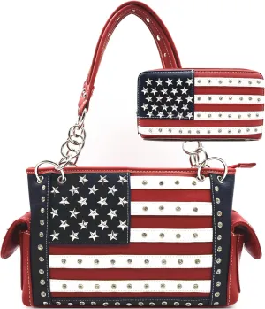 American Flag USA Stars and Stripes Patriotic Leather Purse Women Rhinestone Country Handbag Wallet Set Red White and Blue