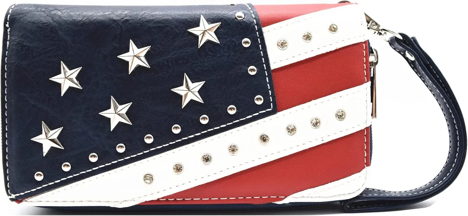 American Flag USA Stars and Stripes Patriotic Leather Purse Women Rhinestone Country Handbag Wallet Set Red White and Blue