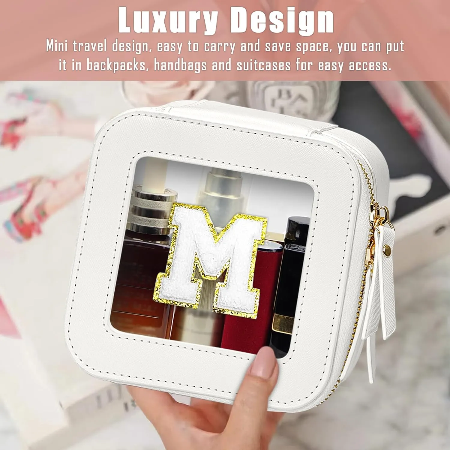 Amgknop Birthday Gifts for Women,Personalized Initial Makeup Bag for Women Teenage Girls,Initial Gift for Women Mother,Personalized Gifts for Teen Girls,Chenille Letter Makeup Bag,Mom Gifts-M
