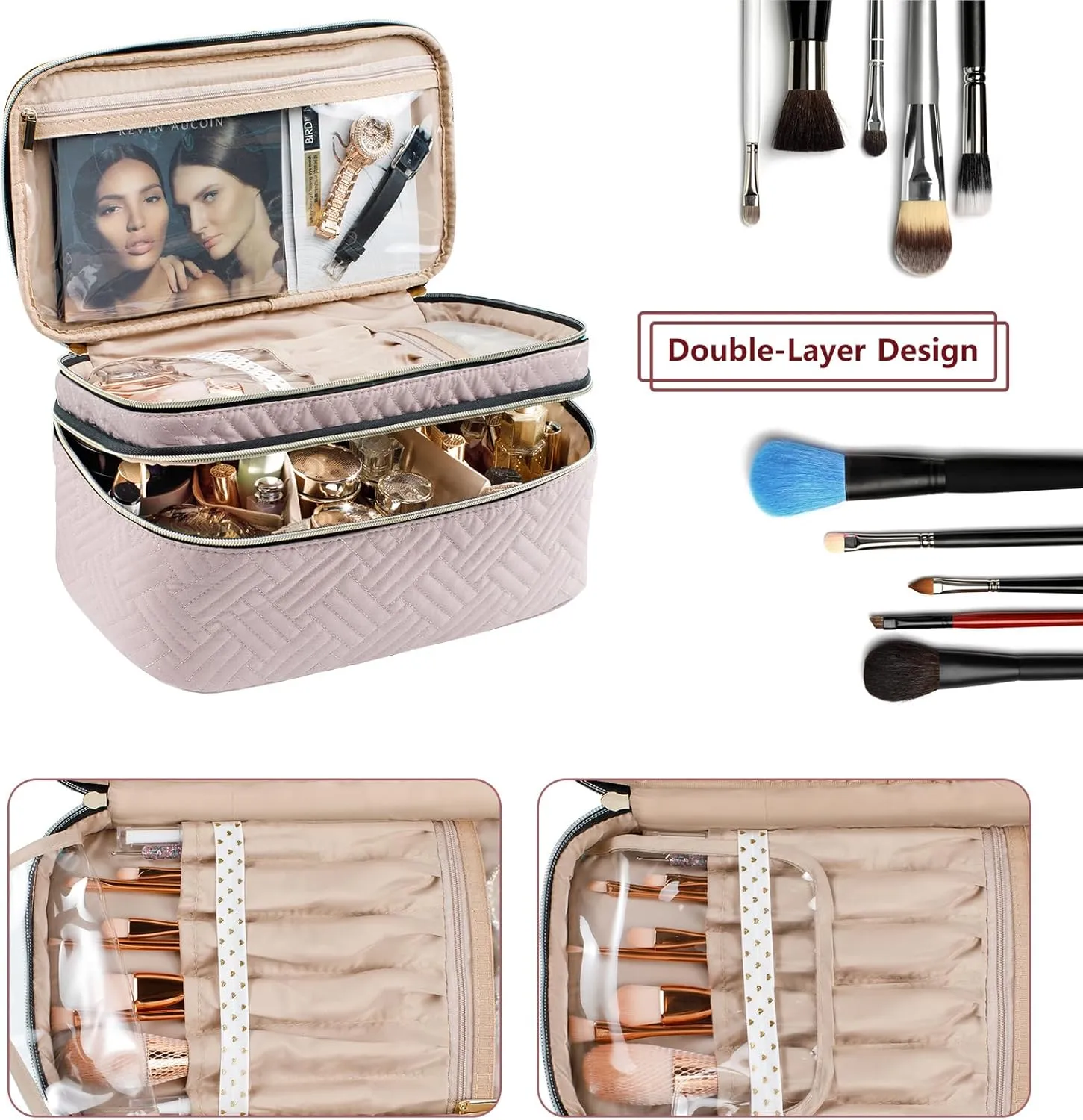 AMOIGEE Large Makeup Bag, Travel Makeup Bag Organizer, Double Layer Train Case Makeup Bag, Toiletry Bag for Makeup Brushes, Full Size Bottles, Palettes Sponge, Cosmetic Organizer, Pink