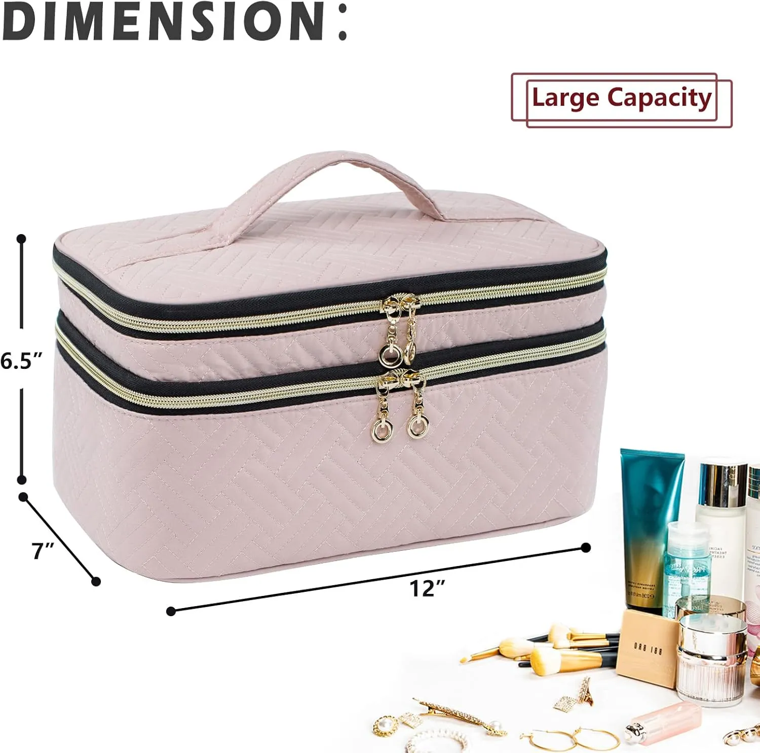 AMOIGEE Large Makeup Bag, Travel Makeup Bag Organizer, Double Layer Train Case Makeup Bag, Toiletry Bag for Makeup Brushes, Full Size Bottles, Palettes Sponge, Cosmetic Organizer, Pink