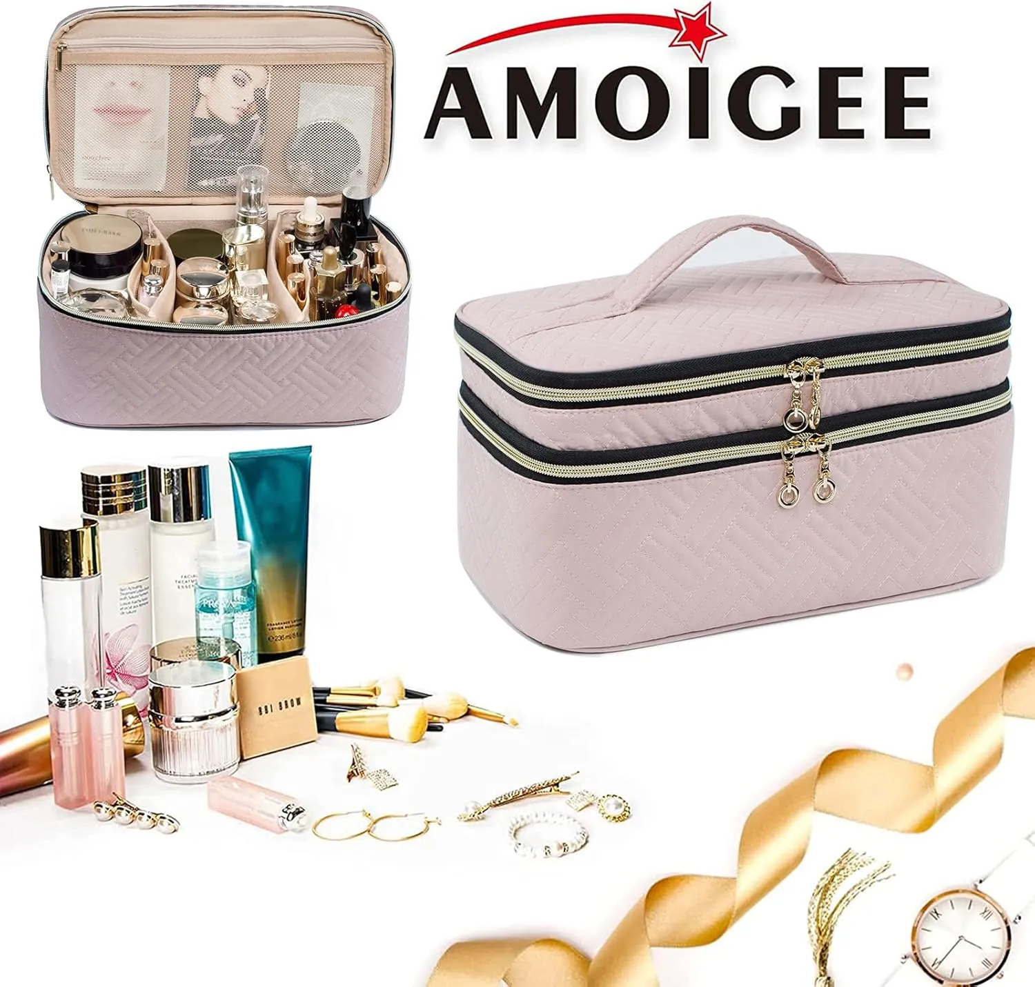 AMOIGEE Large Makeup Bag, Travel Makeup Bag Organizer, Double Layer Train Case Makeup Bag, Toiletry Bag for Makeup Brushes, Full Size Bottles, Palettes Sponge, Cosmetic Organizer, Pink