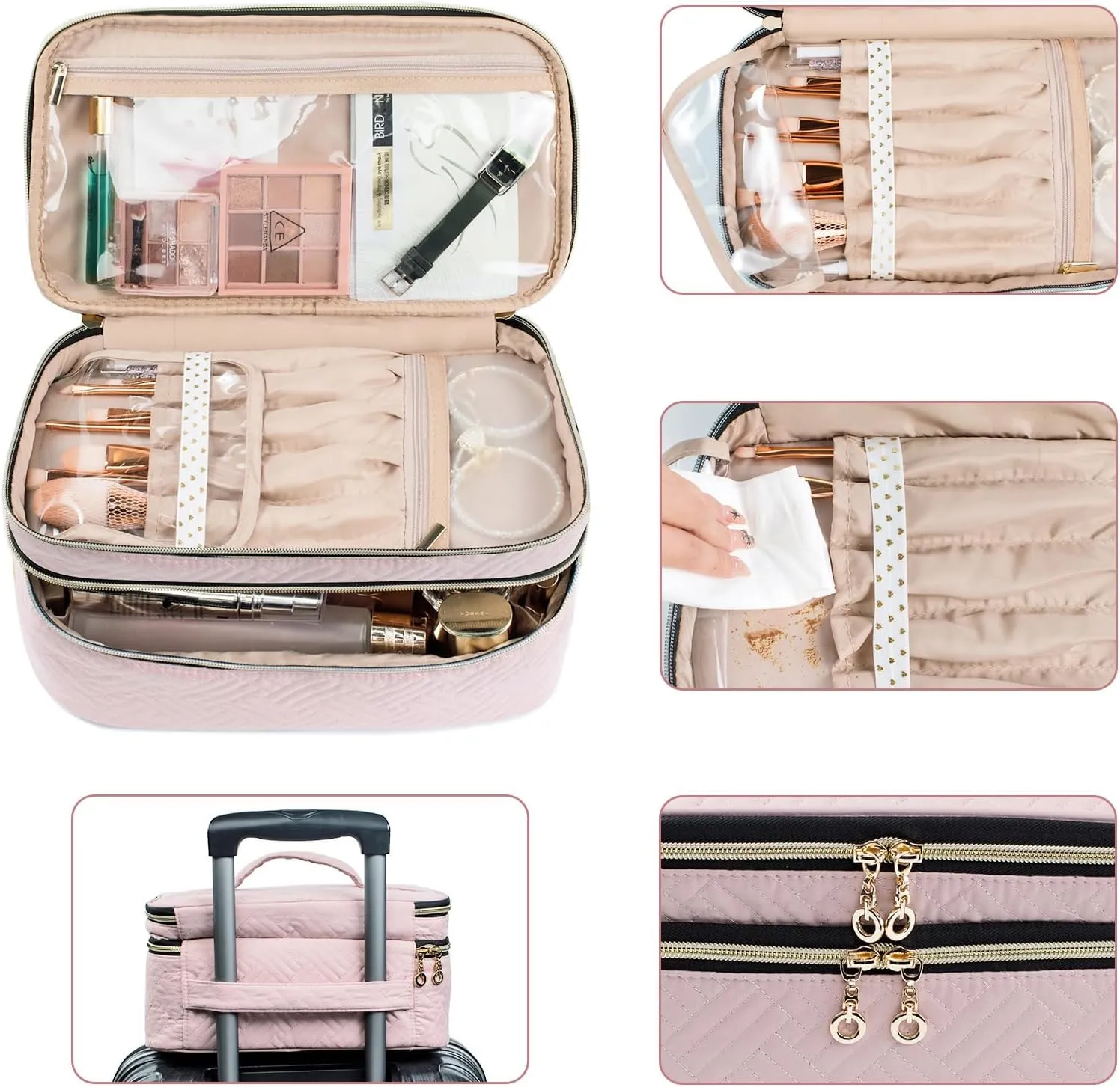 AMOIGEE Large Makeup Bag, Travel Makeup Bag Organizer, Double Layer Train Case Makeup Bag, Toiletry Bag for Makeup Brushes, Full Size Bottles, Palettes Sponge, Cosmetic Organizer, Pink