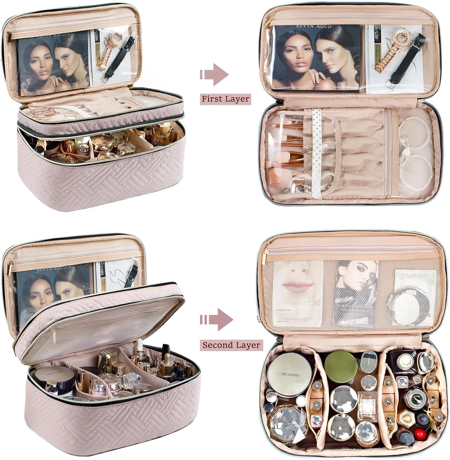 AMOIGEE Large Makeup Bag, Travel Makeup Bag Organizer, Double Layer Train Case Makeup Bag, Toiletry Bag for Makeup Brushes, Full Size Bottles, Palettes Sponge, Cosmetic Organizer, Pink