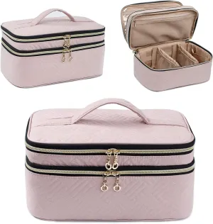 AMOIGEE Large Makeup Bag, Travel Makeup Bag Organizer, Double Layer Train Case Makeup Bag, Toiletry Bag for Makeup Brushes, Full Size Bottles, Palettes Sponge, Cosmetic Organizer, Pink