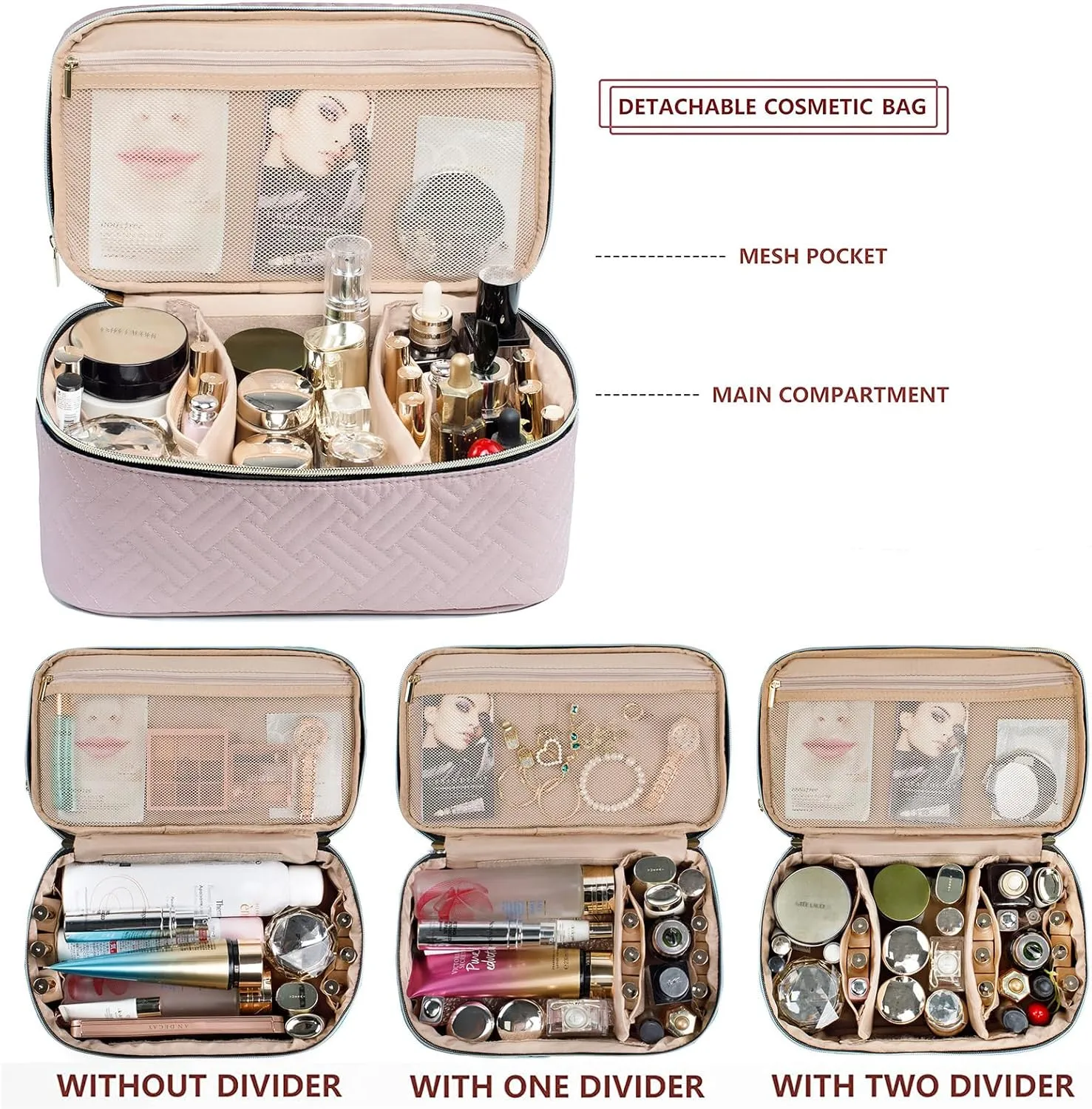 AMOIGEE Large Makeup Bag, Travel Makeup Bag Organizer, Double Layer Train Case Makeup Bag, Toiletry Bag for Makeup Brushes, Full Size Bottles, Palettes Sponge, Cosmetic Organizer, Pink