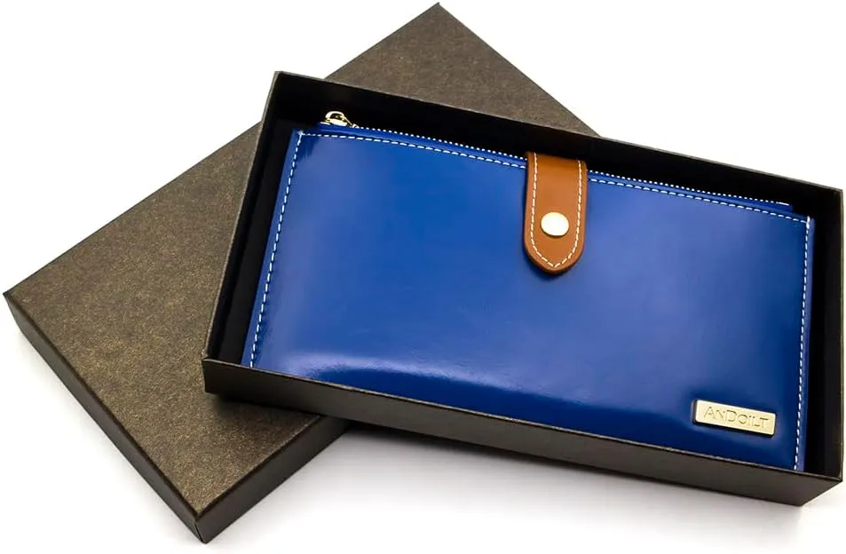 ANDOILT Women's Genuine Leather Wallet RFID Blocking Credit Card Holder Zipper Purse Cell Phone Handbag