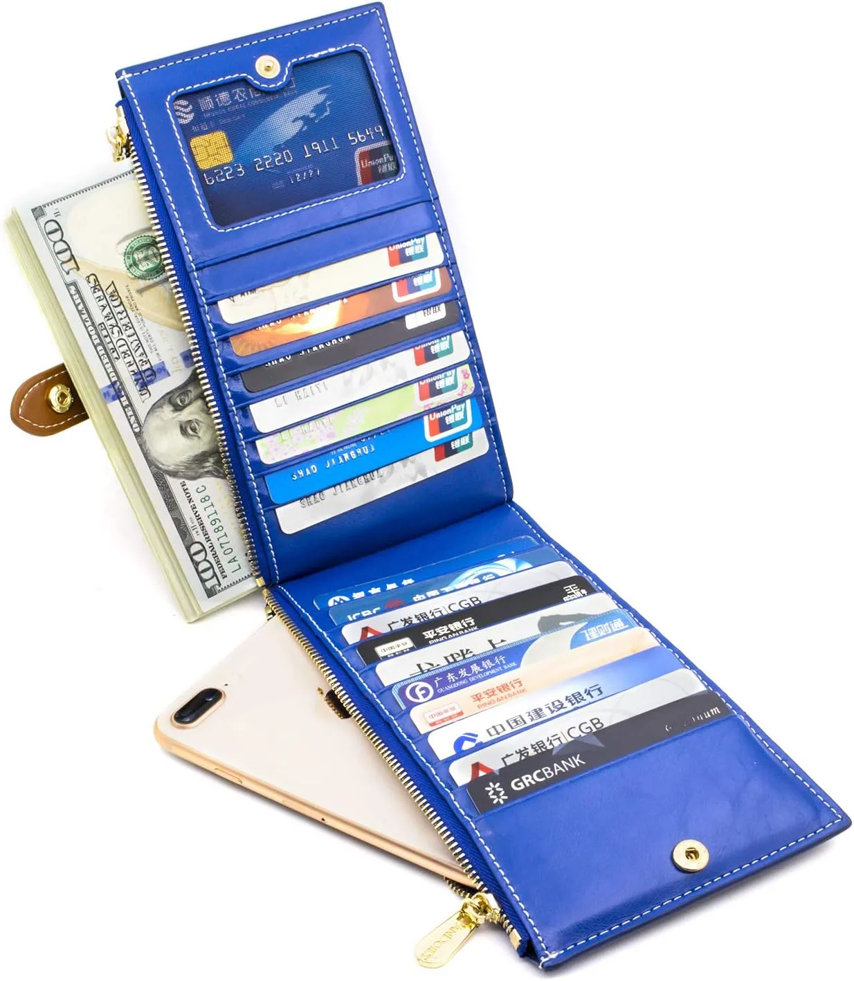 ANDOILT Women's Genuine Leather Wallet RFID Blocking Credit Card Holder Zipper Purse Cell Phone Handbag