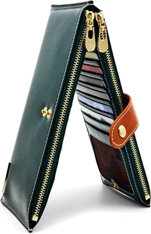 ANDOILT Women's Genuine Leather Wallet RFID Blocking Credit Card Holder Zipper Purse Cell Phone Handbag