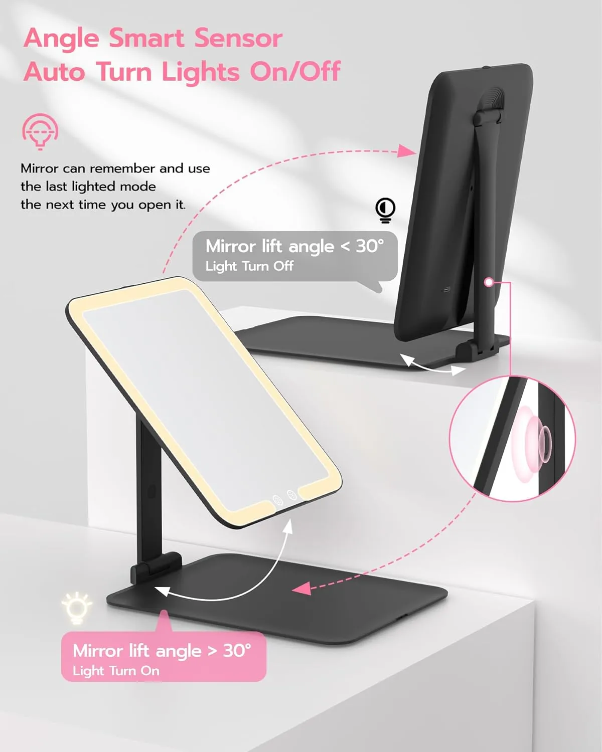 Anfauny Lighted Travel Makeup Mirror with Magnetic 10X Magnification, Vanity Portable and Foldable with Adjustable Stand, Rechargeable 3 Color Lights for Desk and Tabletop-Black