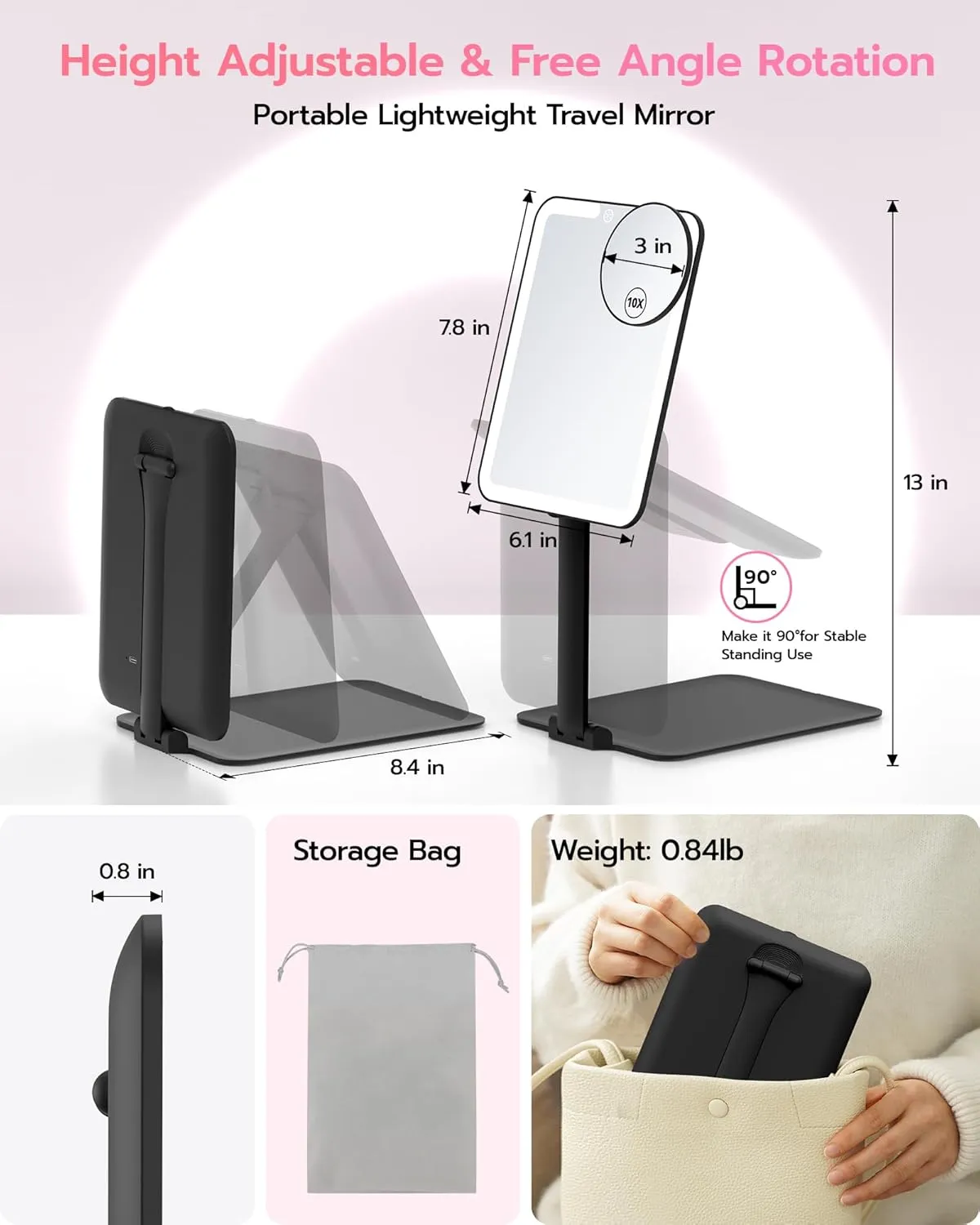 Anfauny Lighted Travel Makeup Mirror with Magnetic 10X Magnification, Vanity Portable and Foldable with Adjustable Stand, Rechargeable 3 Color Lights for Desk and Tabletop-Black