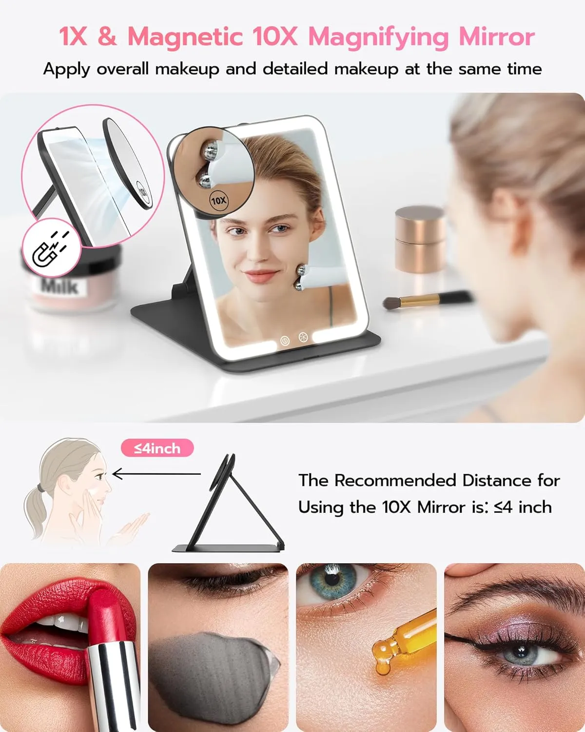 Anfauny Lighted Travel Makeup Mirror with Magnetic 10X Magnification, Vanity Portable and Foldable with Adjustable Stand, Rechargeable 3 Color Lights for Desk and Tabletop-Black