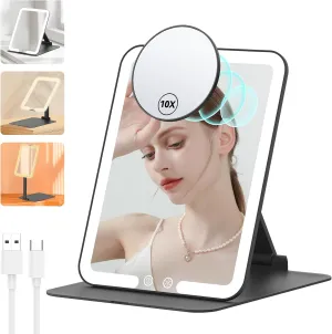 Anfauny Lighted Travel Makeup Mirror with Magnetic 10X Magnification, Vanity Portable and Foldable with Adjustable Stand, Rechargeable 3 Color Lights for Desk and Tabletop-Black