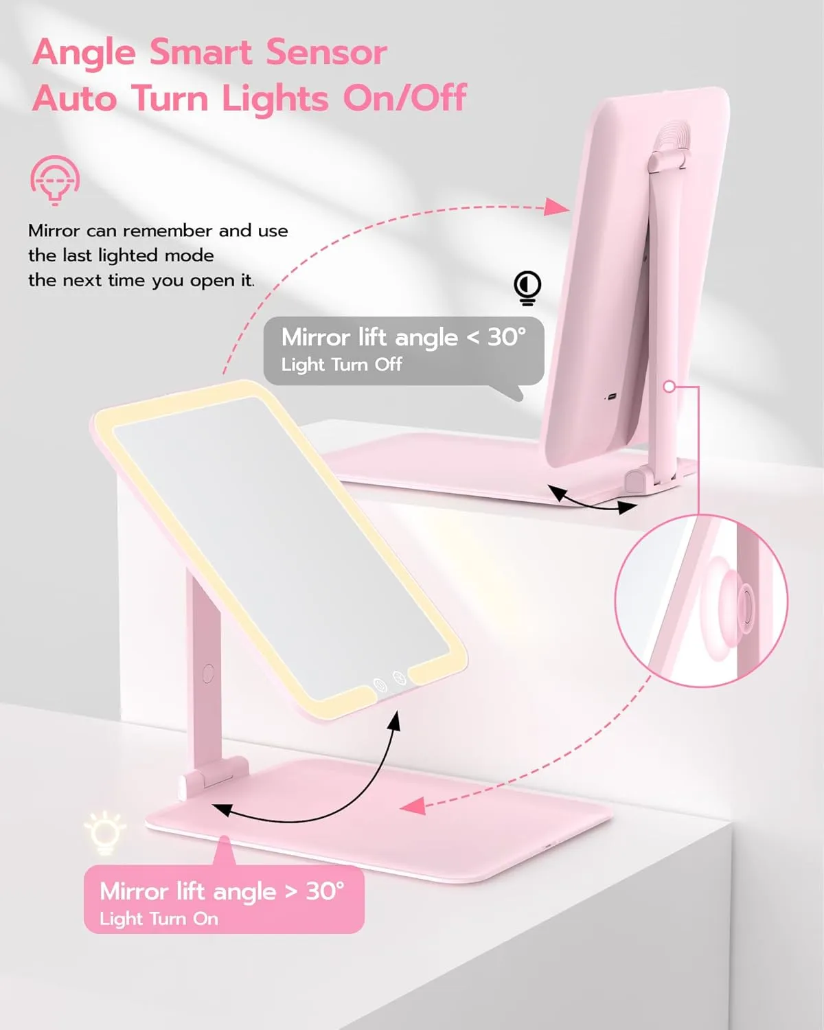 Anfauny Lighted Travel Makeup Mirror with Magnetic 10X Magnification, Vanity Portable and Foldable with Adjustable Stand, Rechargeable 3 Color Lights for Desk and Tabletop -Pink