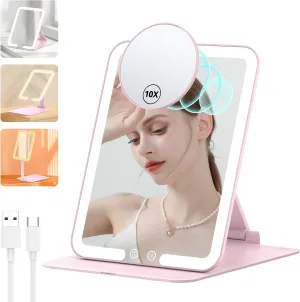 Anfauny Lighted Travel Makeup Mirror with Magnetic 10X Magnification, Vanity Portable and Foldable with Adjustable Stand, Rechargeable 3 Color Lights for Desk and Tabletop -Pink