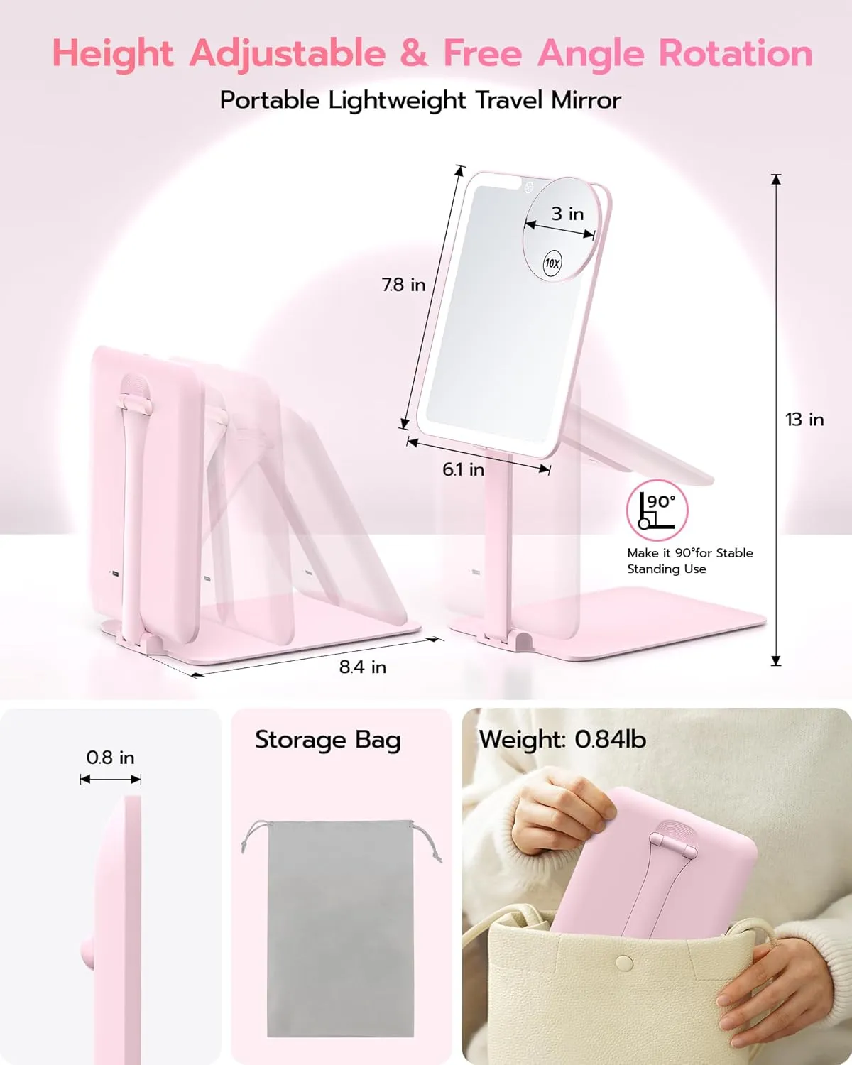 Anfauny Lighted Travel Makeup Mirror with Magnetic 10X Magnification, Vanity Portable and Foldable with Adjustable Stand, Rechargeable 3 Color Lights for Desk and Tabletop -Pink