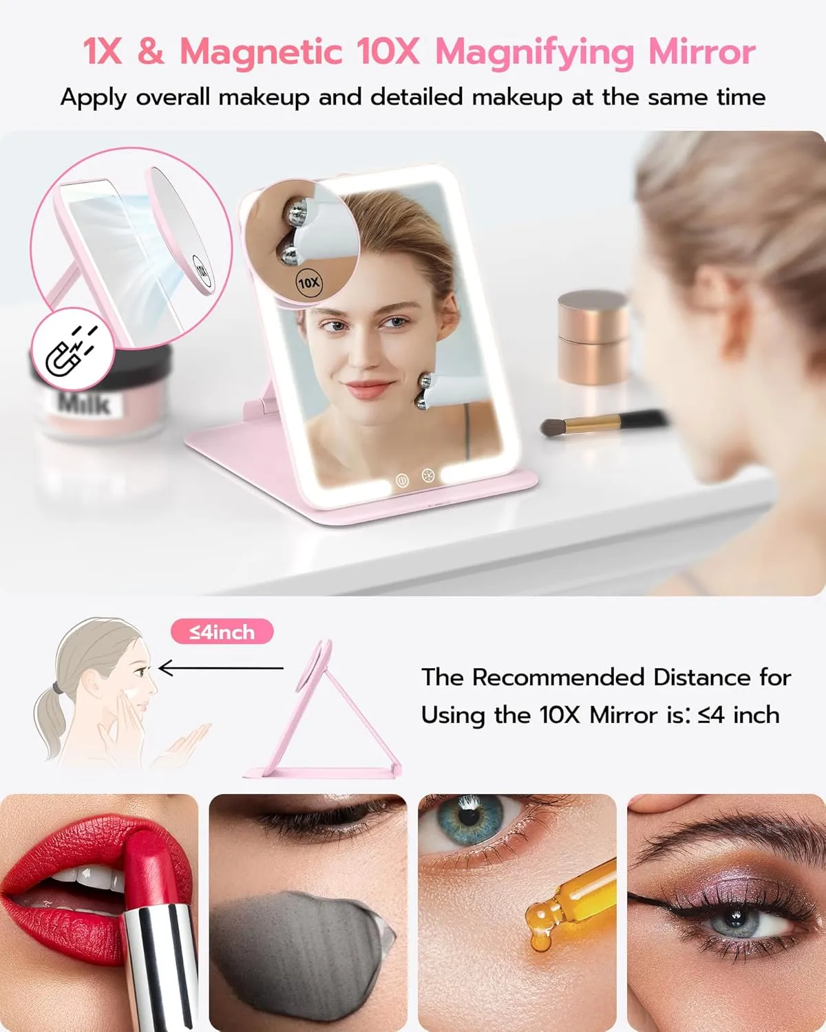 Anfauny Lighted Travel Makeup Mirror with Magnetic 10X Magnification, Vanity Portable and Foldable with Adjustable Stand, Rechargeable 3 Color Lights for Desk and Tabletop -Pink