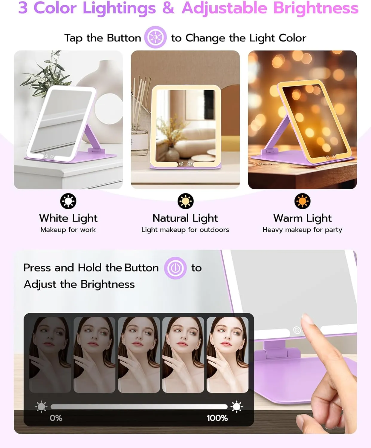Anfauny Lighted Travel Makeup Mirror with Magnetic 10X Magnification, Vanity Portable and Foldable with Adjustable Stand, Rechargeable 3 Color Lights for Desk and Tabletop - Purple