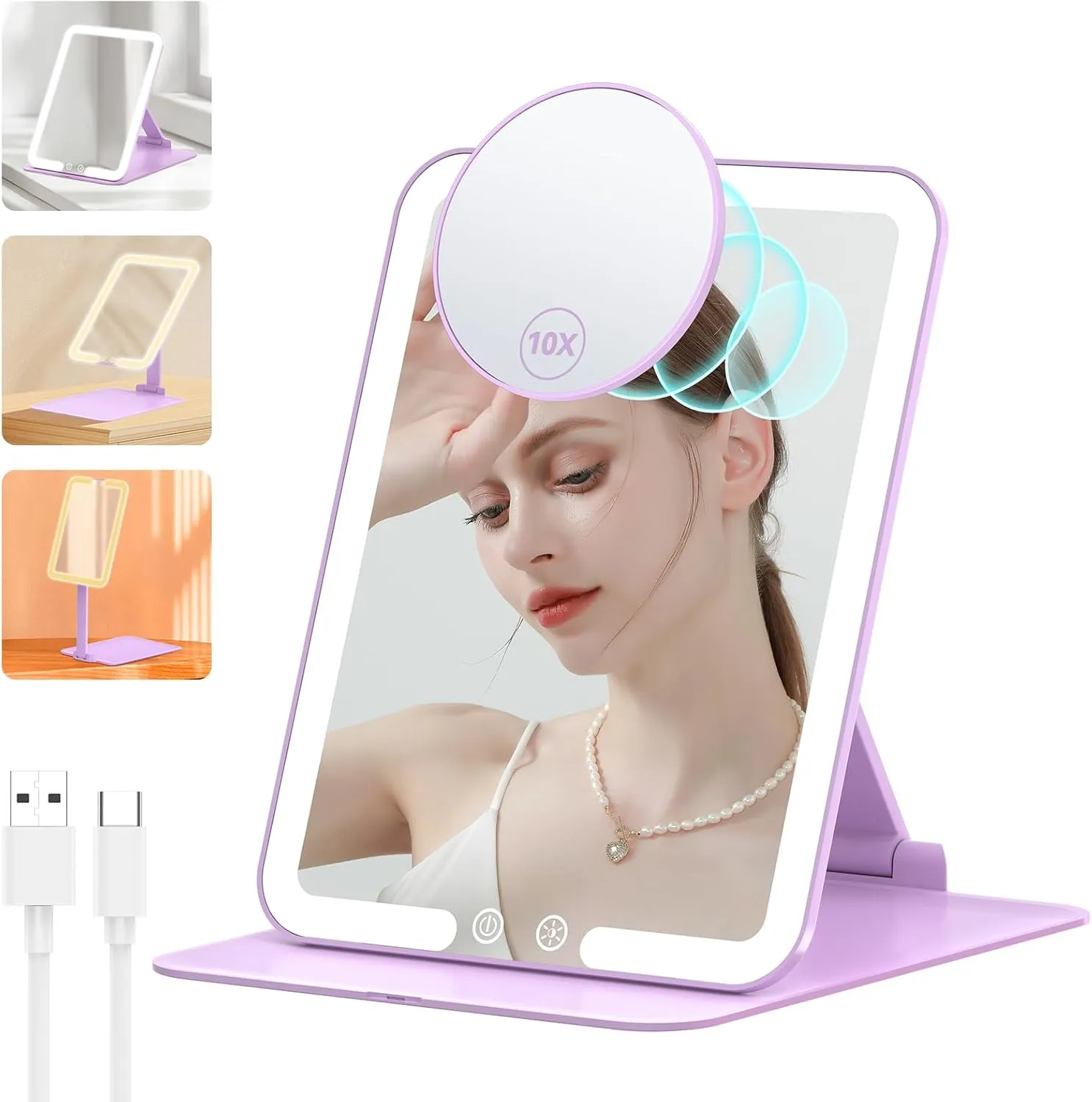 Anfauny Lighted Travel Makeup Mirror with Magnetic 10X Magnification, Vanity Portable and Foldable with Adjustable Stand, Rechargeable 3 Color Lights for Desk and Tabletop - Purple